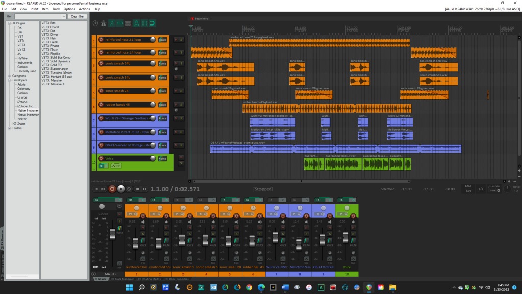 Reaper screenshot of "Quarantined"-draft 1. Note the single bar sample at the far right of the timeline. The item has been muted in the Item Properties panel and is there only to extend the end of the composition, so the reverb tail won't be cut off.