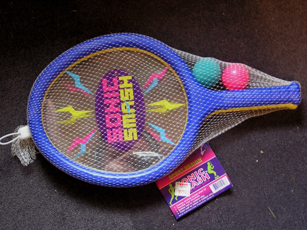 Sonic Smash is a racket sort of toy that sounds cool when you hit the ball, reminding me of timbales or a high-pitched snare. And yet that's not the sound I used here…maybe just some random vocalization while recording the toy…and maybe some rubbing or finger taps on the membrane, a sound I may have used on another composition.